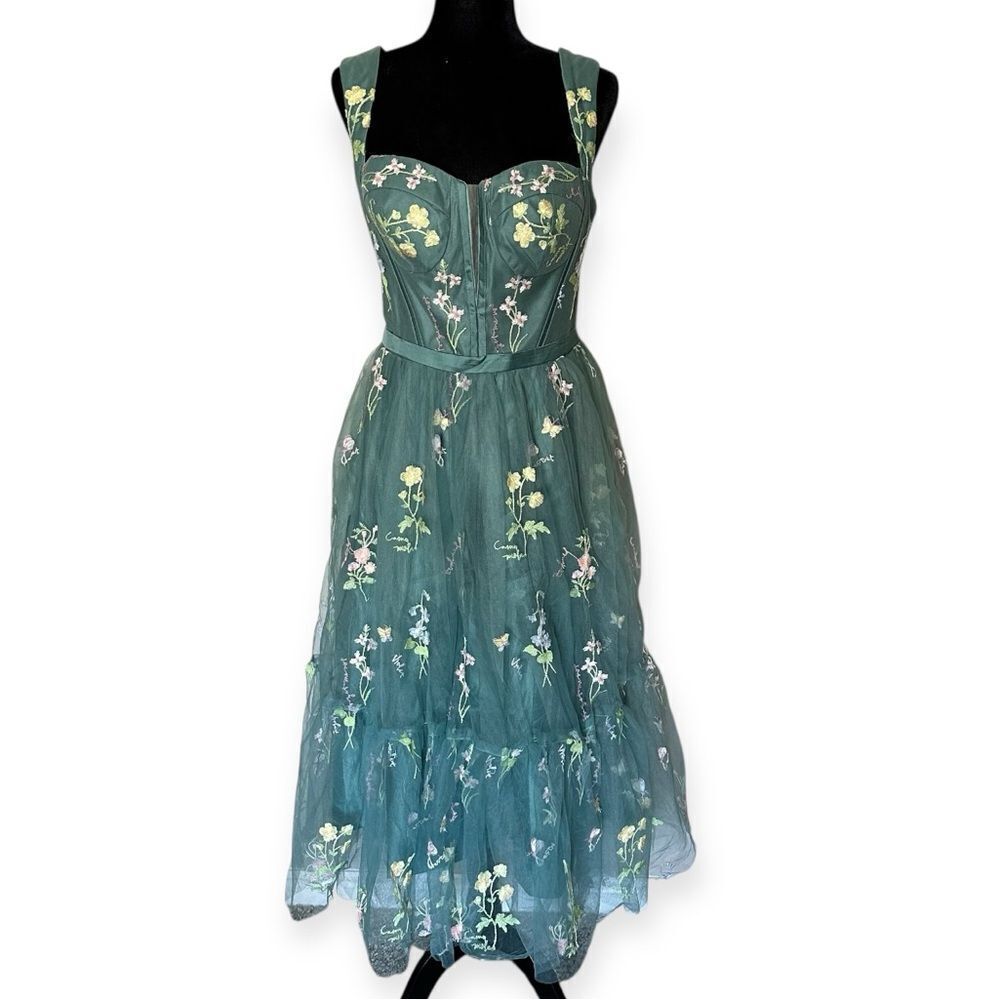 Corset Floral Embroidered Green Ruched Layered Tulle Flower  Midi Prom Dress - Picture 2 of 13